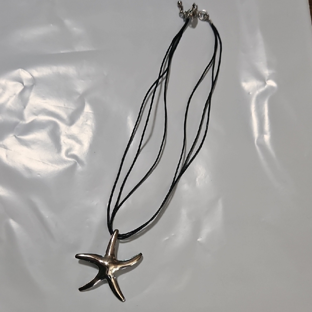 Silver Starfish 3 Strand Necklace 16" Black Cord
